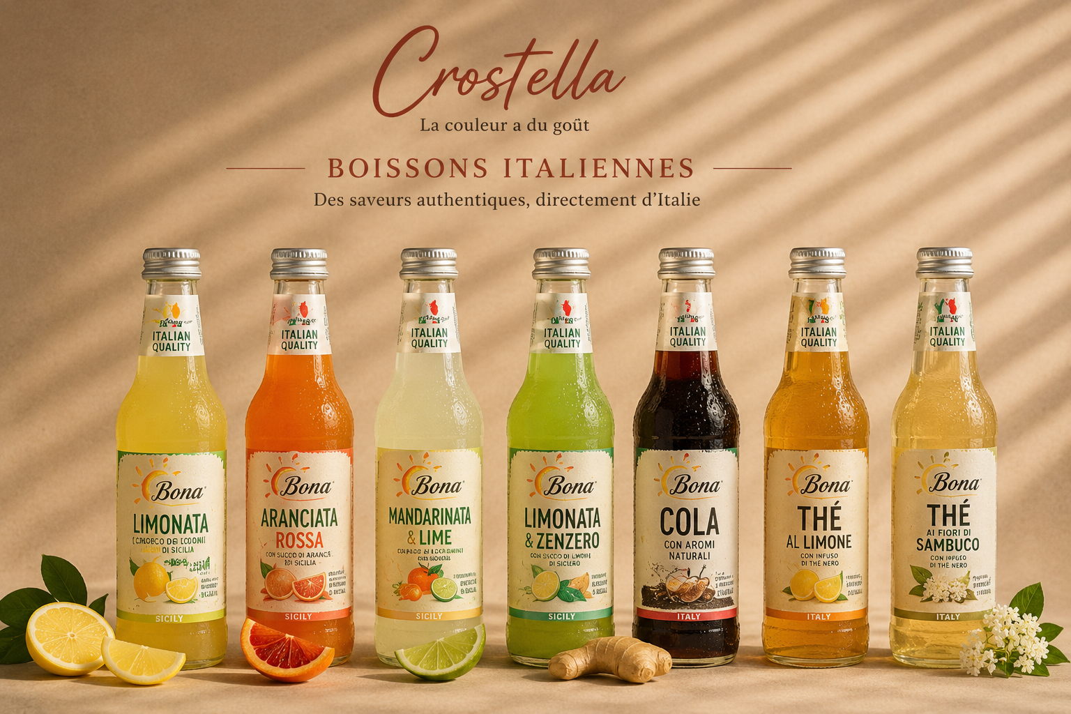 Boissons italiennes Crostella — sodas Bona artisanaux, citron frais et glaçons sur comptoir crème