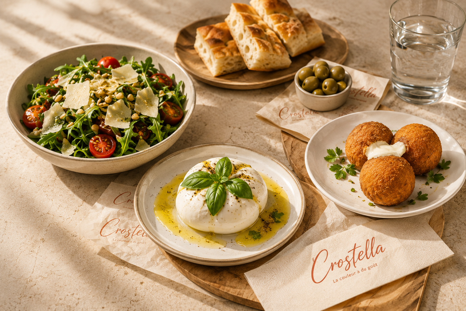 Comptoir italien Crostella — salade fraîche, burrata, arancini croustillants, focaccia et olives sur serviette signée